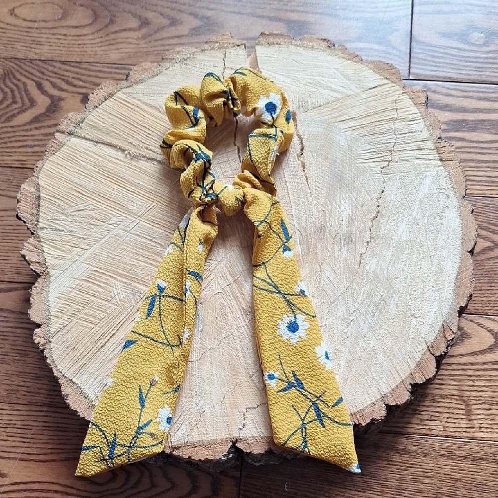 Floral Mustard Yellow Hair Scrunchie With Bow/Scarf